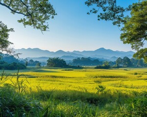 Fototapeta premium A beautiful landscape of a vast green field with a mountain range in the distance. AI.