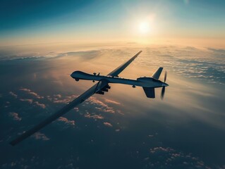 Naklejka premium A large military drone is flying in the sky above clouds. AI.
