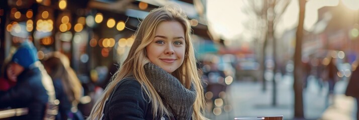 Obraz premium Portrait of a smiling young woman sitting outdoors. AI.