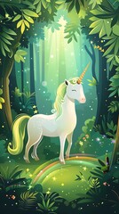 Unicorn in Mystical Forest with Rainbow