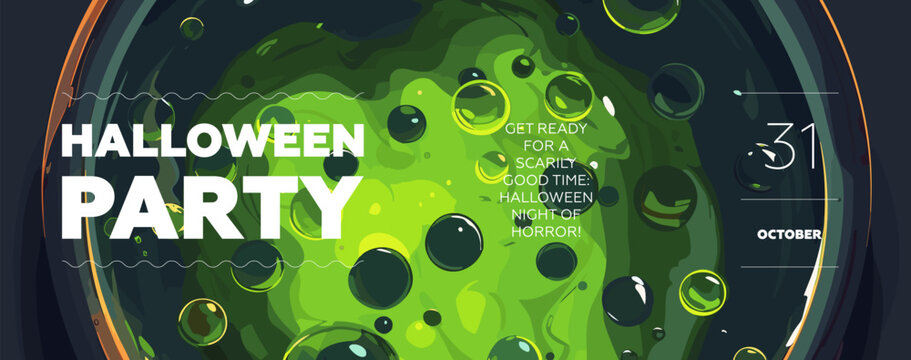 Happy Halloween party horizontal banner. Drawing brewed green potion in cauldron background poster. Art cover horror night celebration. October 31 holiday event promo artwork. Trick or treat eps print