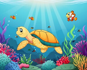 Happy Cartoon Sea Turtle Swimming with Fish