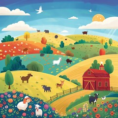 Colorful Farm Landscape with Animals and Barn