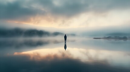Obraz premium Man Standing Alone in Foggy Landscape.