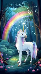 Magical Unicorn with Rainbow in Forest