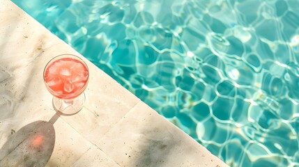 Top View of a light pink Drink by the Poolside. Luxury Vacation Background