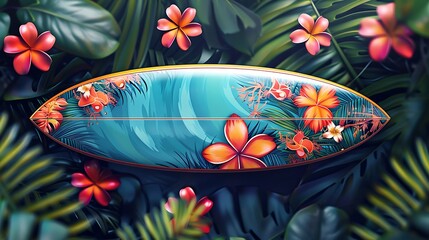 Decorative Surfboard with Tropical Flowers