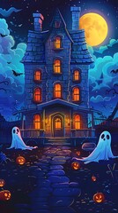 Spooky Haunted Mansion with Ghosts and Pumpkins