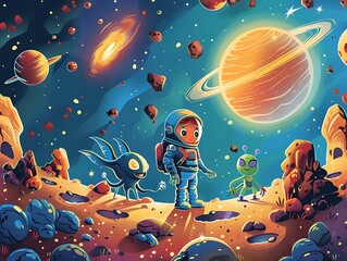 Astronaut and Aliens in Colorful Space Adventure