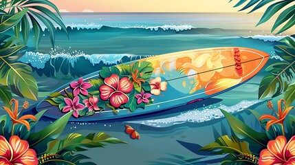 Colorful Surfboard on Tropical Beach with Flowers