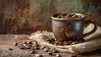 Coffee beans and cup on wooden table. Cup full of coffee beans.