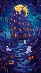 Haunted Mansion with Ghosts and Pumpkins