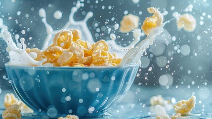Milk splashing out of a bowl with popcorn.
