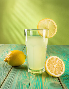 Refreshing glass of lemonade with lemon slices and whole lemons on a rustic wooden table