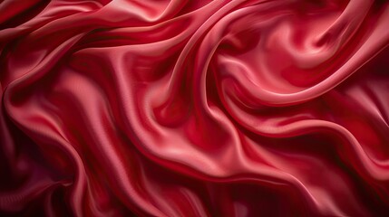 Fototapeta premium Red crumpled silk fabric with smooth and soft waves.