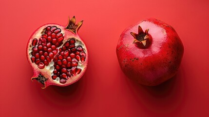 Ripe red pomegranate fruit on red background.