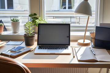 Modern Desk Setup with Laptop, Notebook, Minimalist Lamp, and Potted Plants for a Productive Workday