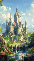 Majestic Castle with Lush Gardens and Reflective Pond