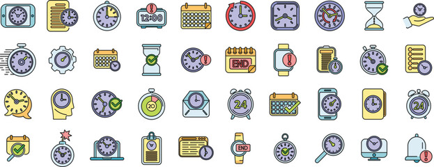 Duration icons set outline vector. Future time. Present year thin line color flat on white