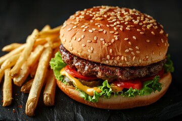 Close-up of a freshly cooked tasty hamburger with greens and fries, ideal for advertising food delivery apps, recipe website or articles about the harm of fast food