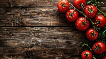 Top view of homegrown tomatoes on wooden background with space for text