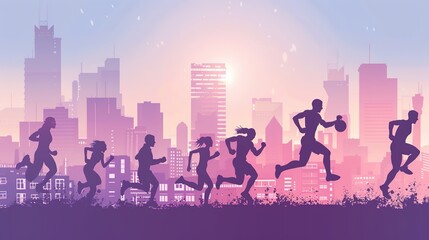 Naklejka premium Dynamic Silhouettes of Athletes in Various Poses Against Urban Skyline in Vibrant Purple and Pink Colors, Depicting Movement and Energy for Advertising and Design