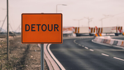 Detour Sign on Road Under Construction