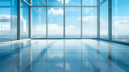 Modern interior with floor to ceiling windows and blue glass wall