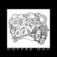 Coffee Day, black and white doodle art  vector