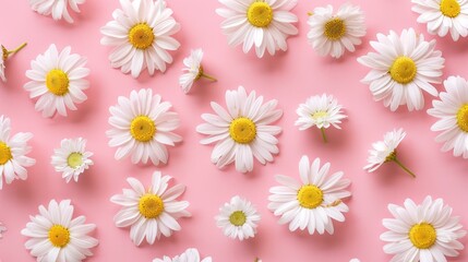 Fototapeta premium Daisies from above on pink backdrop with space for text