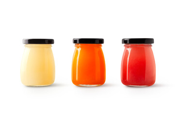 selection of grapefruit and orange juices in glass bottles with lids with shadow isolated on transparent background

