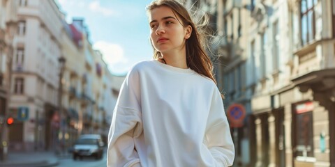 Obraz premium A woman walks alone on a city street, possibly lost in thought or going about her daily routine