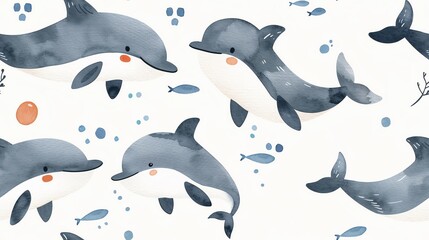 Fototapeta premium Seamless pattern of cute watercolor dolphins and small fishes on a white background, perfect for children's decor and fabric design.