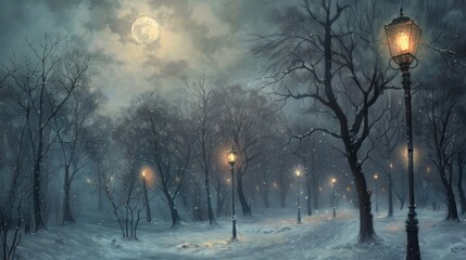 A painting of a city park at night, covered in a thick blanket of snow with barren trees silhouetted against a cloudy, moonlit sky
