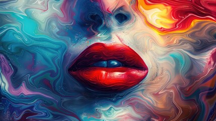 A painting of a woman's face with only her red lips highlighted in vibrant detail, the rest of her features softly abstracted. 