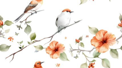 Fototapeta premium Beautiful watercolor illustration of birds on branches with orange flowers, perfect for decorative and artistic designs.