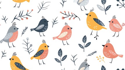 Seamless pattern with colorful birds and branches on white background. Perfect for fabric, wrapping paper, and wallpaper designs.