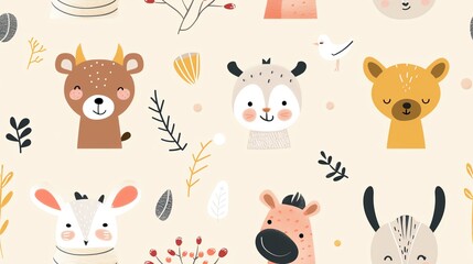 Adorable hand-drawn animal faces and nature elements on a seamless pattern background, perfect for children's products and decor.