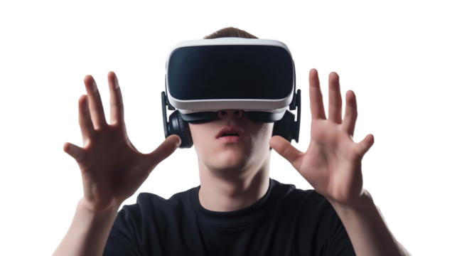 man in VR glasses, trying to touch virtual reality isolated on transparency background - Powered by Adobe
