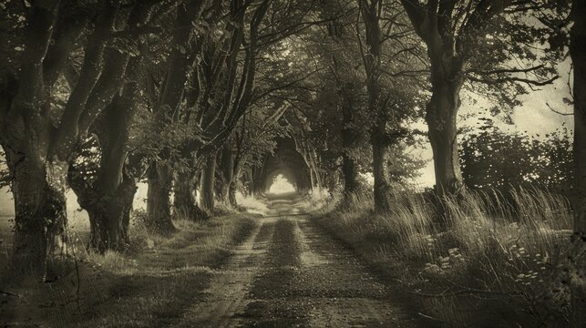 Old picture of tree lined path in evening