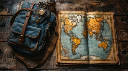 An open vintage world map laid out on a rustic wooden table, accompanied by an old-style blue backpack and brass compass, symbolizing travel, adventure, and the spirit of exploration.