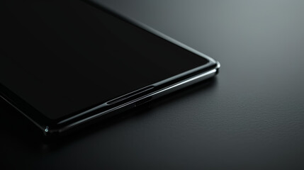 sleek black smartphone on a reflective black surface, minimalist design