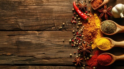 Assorted spices on wooden background with space for text