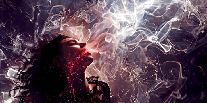 If you could see the energy being sucked out of you by an energy vampire - woman with dark hair appearing to be inhaling or exhaling an energy form depicting an active energy vampire 
