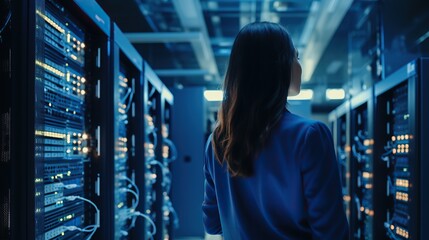 Woman in a Server Room, Looking at Data Center