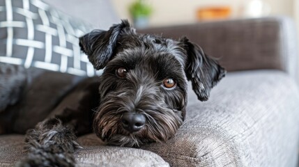 Naklejka na ściany i meble Closeup of a black mini schnauzer dog relaxing on a gray sofa in a cozy living room setting Relationship with pets depicted