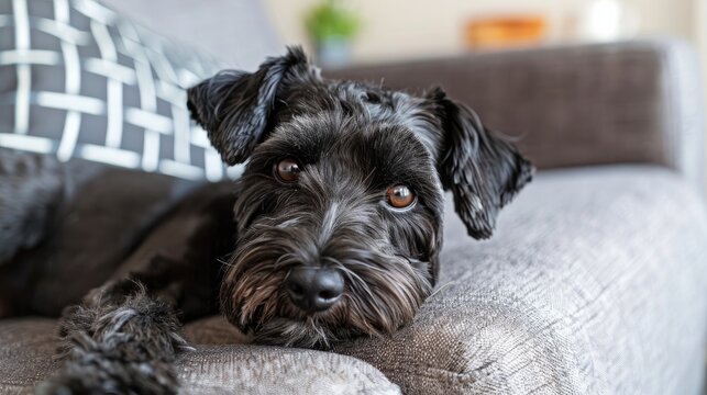 Closeup of a black mini schnauzer dog relaxing on a gray sofa in a cozy living room setting Relationship with pets depicted