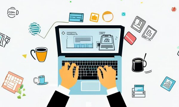Dynamic work environment: hands typing on laptop with digital and office icons