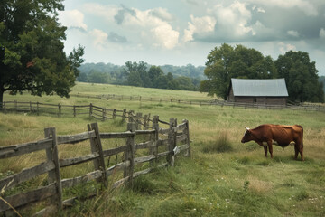 Naklejka premium rustic farm scene with cow grazing near old wooden barn and fence