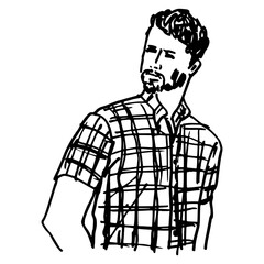 Portrait of a young bearded Caucasian man wearing a checkered shirt. Hand drawn linear doodle rough sketch. Black and white silhouette.